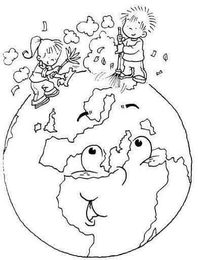 Coloring page of children cleaning the earth